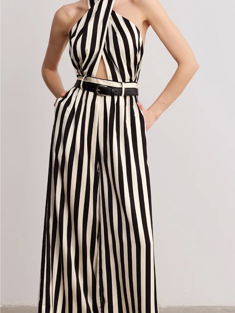 Commense Halter Striped Halter Jumpsuit with Belt - Small